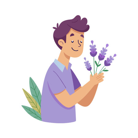 A cheerful young man smelling a fresh bunch of lavender flowers in his handsのイラスト素材