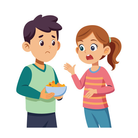 Cartoon brother and sister disagreeing about snacks in a light hearted mannerのイラスト素材