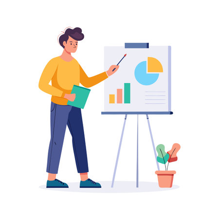 Man presenting data on a whiteboard with graphs, holding a document in his handのイラスト素材