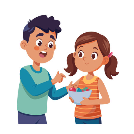 Sharing Fresh Fruit: A Boy and Girl Enjoying a Bowl of Colorful Fruits Togetherのイラスト素材