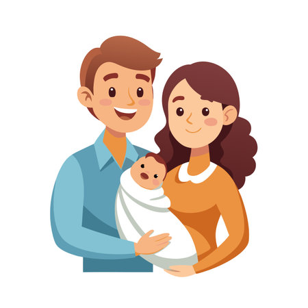 Happy Family Portrait: Father, Mother and Newborn Baby wrapped in White Blanketのイラスト素材