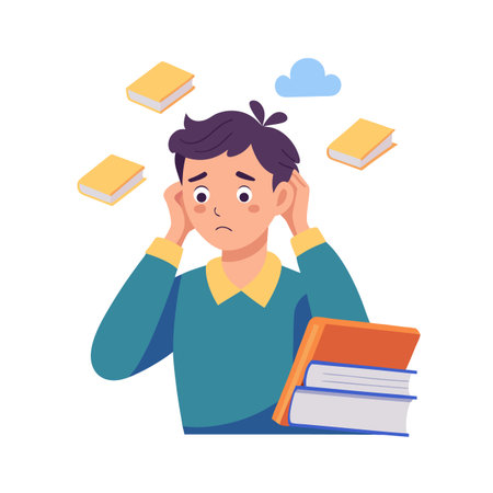 Stressed Student Overwhelmed by Studying: Cartoon Vector Illustration for Education or Mental Healthのイラスト素材