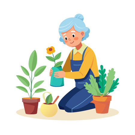 Senior woman gardening tending to plants in pots with a turquoise watering canのイラスト素材