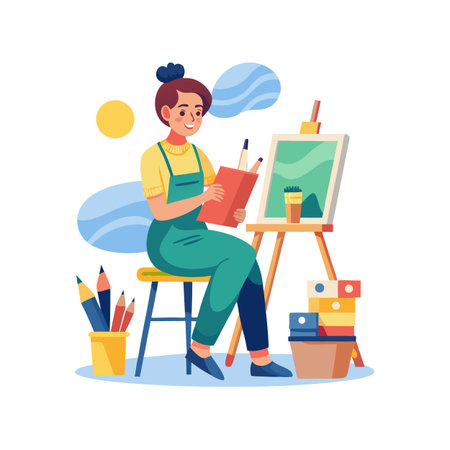 Female Artist Working on a Painting with Pencils, Easel and Creative Toolsのイラスト素材