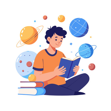 Young man reading a book with colorful planets floating in a flat illustration styleのイラスト素材