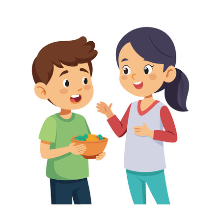 Illustration of two children sharing a bowl of colorful snack with cheerful conversationのイラスト素材