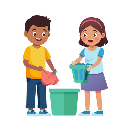 Children cleaning up together by throwing garbage into recycling bin in cartoon styleのイラスト素材