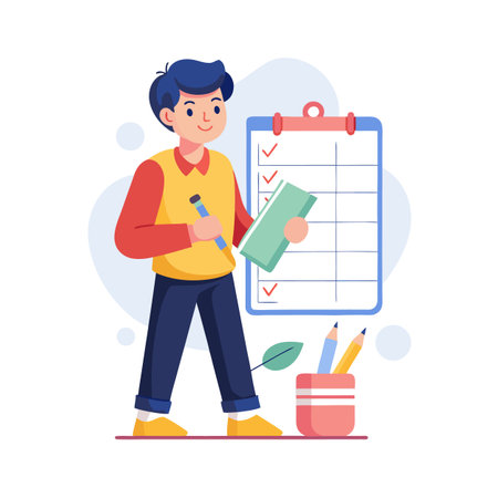 Man checking task list on a clipboard with checks marked in flat vector illustrationのイラスト素材