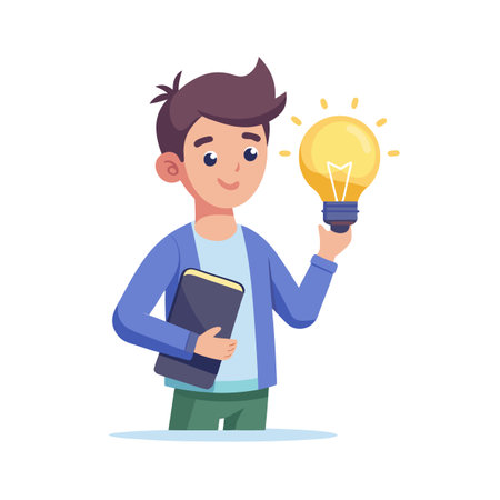 Young Student with a Glowing Idea, Holding Book and a Light Bulbのイラスト素材