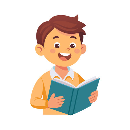 Boy engrossed in reading a book with a vibrant smile, isolated on white backgroundのイラスト素材