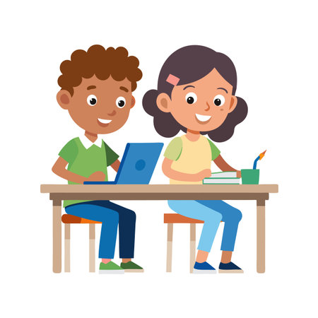 Diverse students learning with laptop and books in classroom flat illustrationのイラスト素材