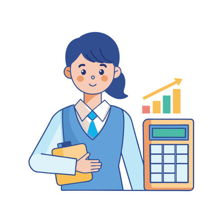 Professional woman presents financial growth with calculator and bar graph showing upward trendのイラスト素材