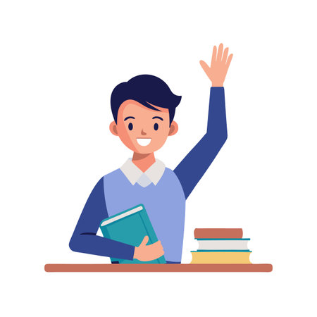 Enthusiastic Student Raising Hand in Class with Books and Flat Design Styleのイラスト素材