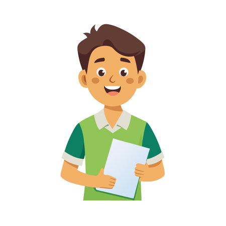 Young student holding a blank paper sheet ready for school presentations and tasksのイラスト素材