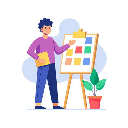 Man presenting color swatches on easel, illustration of design project presentation conceptのイラスト素材