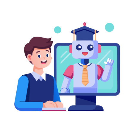 A young student learns from a robot mentor through online education on computer screenのイラスト素材