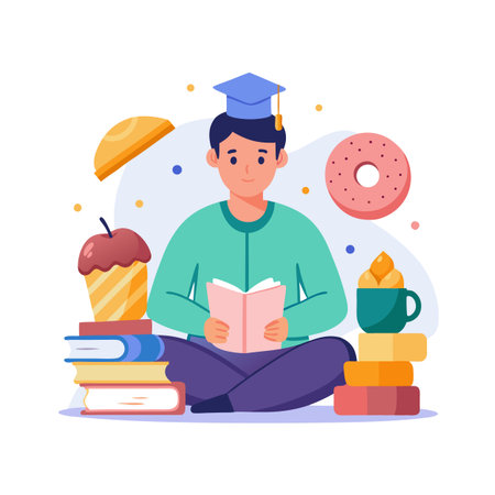 Graduate student enjoying a study break with books and snacks vector illustrationのイラスト素材