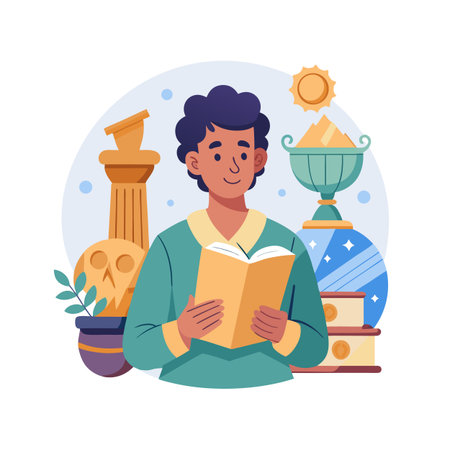 Man Reading with Historical and Academic Symbols in a Flat Vector Illustrationのイラスト素材