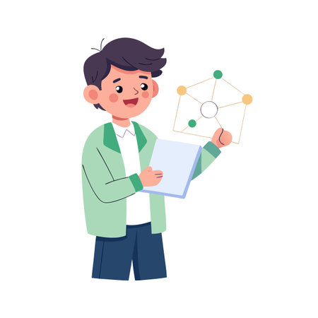 Young man presenting network diagram with document, showcasing data analysis and insightsのイラスト素材