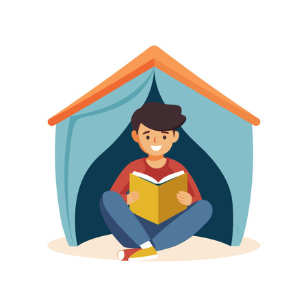 Boy reading a book inside tent illustration, studying and childhood imagination concept, flat vectorのイラスト素材