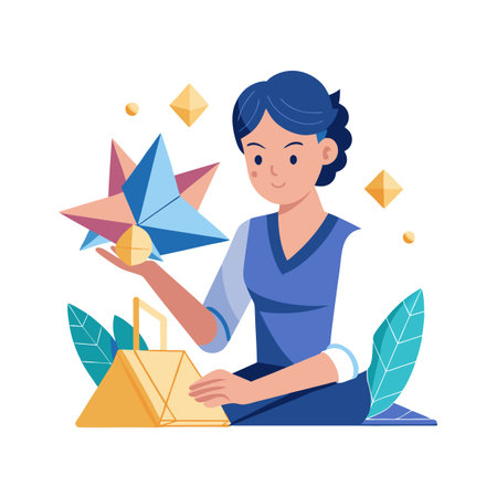 Woman with geometric shapes and a bag in a clean flat style illustrationのイラスト素材