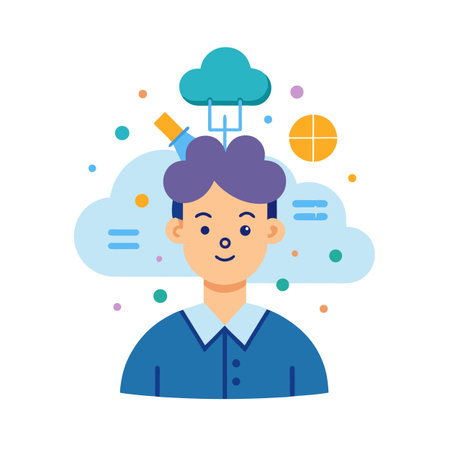 Cartoon Man with Cloud Computing Concept for Technology and Data Solutions Presentationのイラスト素材