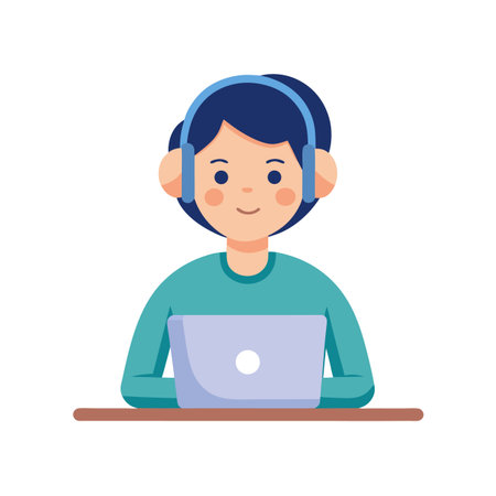 Illustration of a cheerful young professional woman working on a laptop with headphones onのイラスト素材