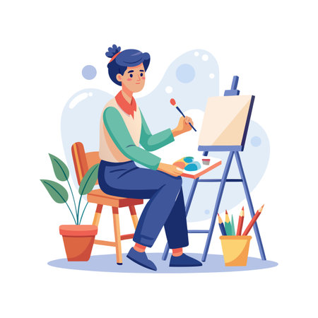 Artist at Work: Painting on Canvas with Creative Supplies in Studio Environmentのイラスト素材