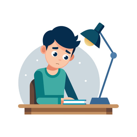 Student with pensive expression sitting at desk under lamp with open book nearbyのイラスト素材