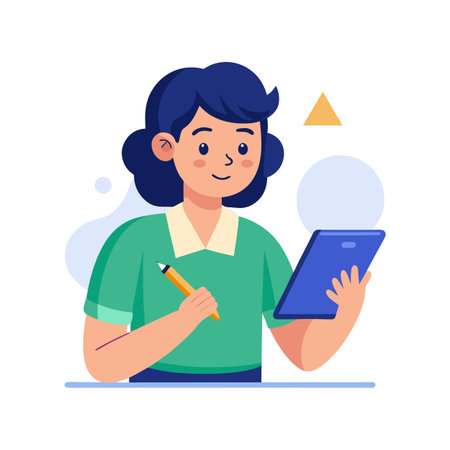 Young woman using a tablet with a pencil, on a white background, studyingのイラスト素材