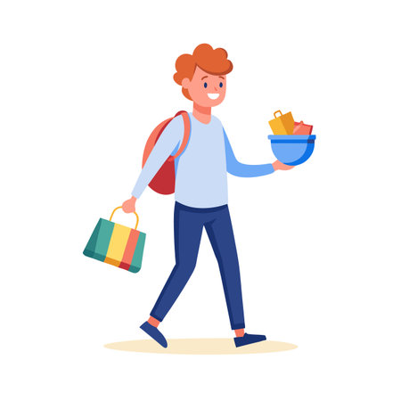 Young man with shopping bag and bowl, showcasing consumerism in a flat vector styleのイラスト素材