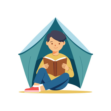 Boy reading a book inside a tent, promoting learning and childhood development in educational contextsのイラスト素材