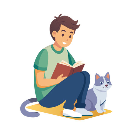 Young man reading a book with a cat on a yellow rug illustrationのイラスト素材
