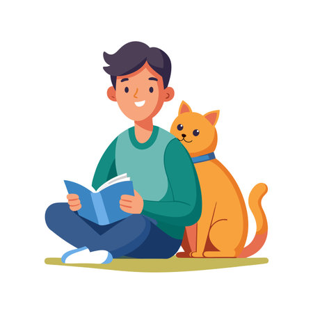 Boy Reading Book with Orange Cat Sitting Beside Him in a Relaxed Settingのイラスト素材