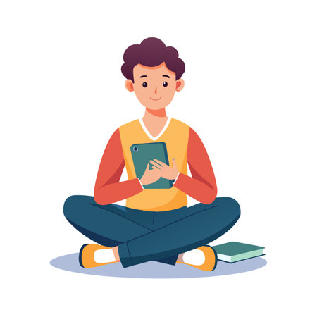 Illustration of a young man sitting cross-legged holding a tablet with a book nearbyのイラスト素材
