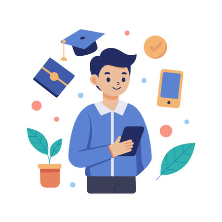 Young professional with digital tablet, education and online learning concept illustration in flat designのイラスト素材