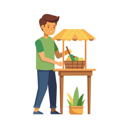 Young man selling fresh fruits and vegetables at a market stall illustrationのイラスト素材