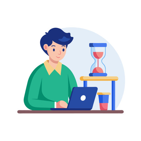 Man works on laptop with hourglass and beverage nearby, emphasizing time management and productivityのイラスト素材