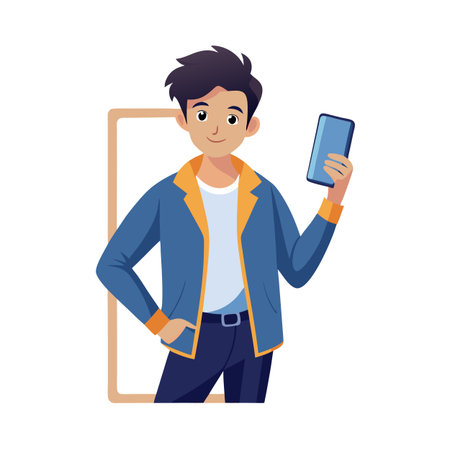 Young professional holding smartphone standing near minimalistic frame with casual stylish business attireのイラスト素材