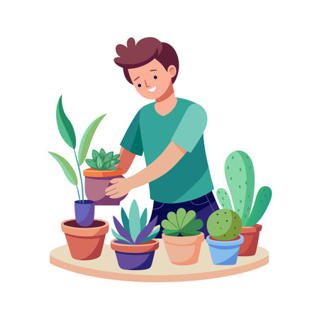 Young man arranges potted plants, creating an indoor garden and fostering a green lifestyle.のイラスト素材