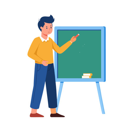 Young male teacher writing on a green chalkboard in a classroom illustrationのイラスト素材