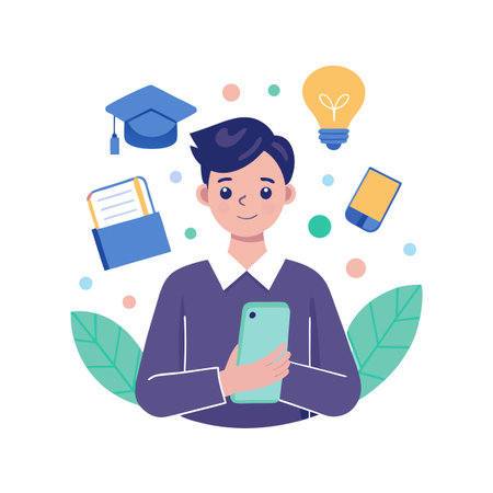 Online Learning and Mobile Education: A Student Holding Phone Surrounded by Study Iconsのイラスト素材