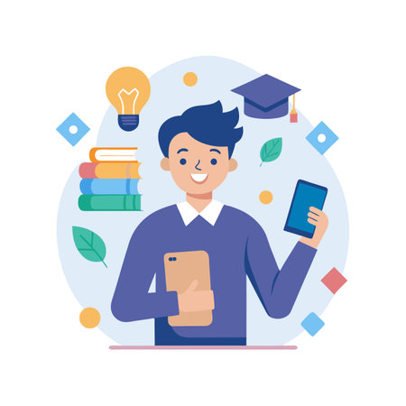 Flat illustration of a student with books, graduate cap, and electronic devices in handのイラスト素材