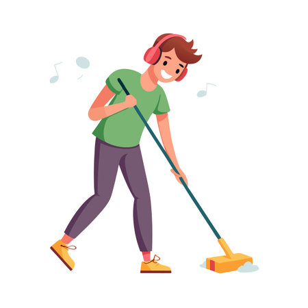 A young man cleans house with a mop while listening to music with headphonesのイラスト素材