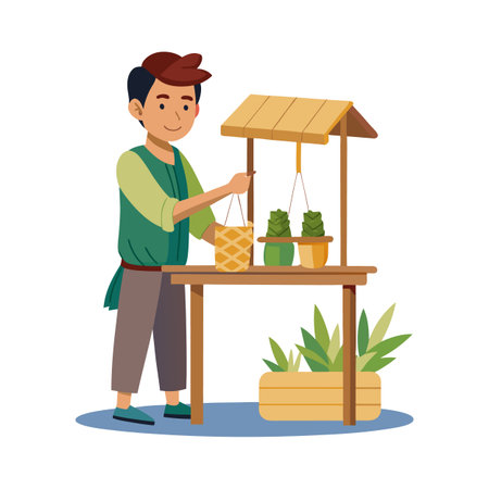 Man selling potted plants from a wooden stand with hanging basket, flat vector illustrationのイラスト素材