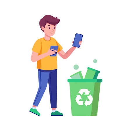Man with smartphones stands near a recycle bin; vector illustration on white backgroundのイラスト素材
