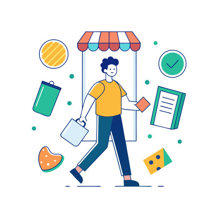 Man walking from market with groceries and checklist with vibrant graphic elements floating around himのイラスト素材