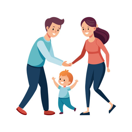 Illustration of happy young family with child walking together, flat cartoon styleのイラスト素材