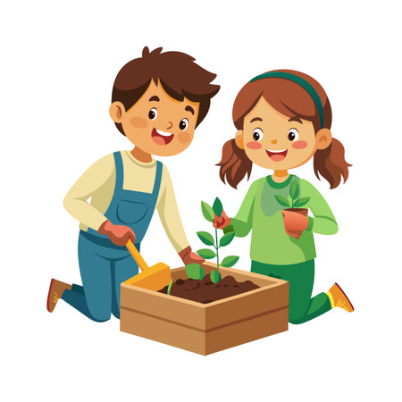 Illustration of two children planting a seedling in a wooden box with soilのイラスト素材