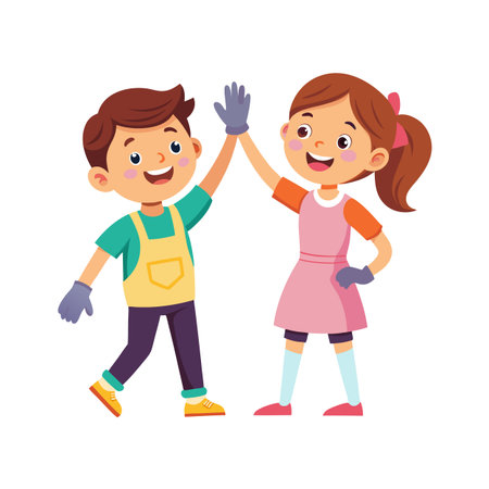 Two smiling kids in overalls cheerfully giving each other a high five after workのイラスト素材